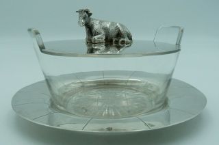 Victorian Solid Silver Butter Dish - Antique Glass Milk Tub With Cow Finial