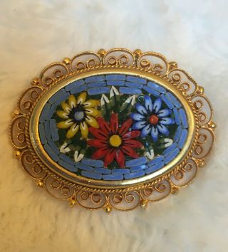 Vintage Statement Italian Micro Mosaic Brooch Pin Lacey Gold Frame Blue Floral