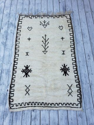 Vintage Moroccan Rug Beni Ourain Wool Handmade Tribal Amazigh Symbols Berber Rug