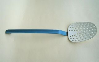 Vintage Enamel Strainer Spoon Blue Handle Hanging 1960s