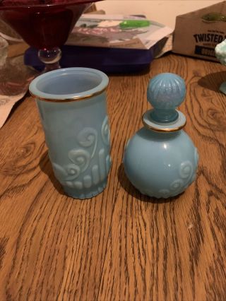 Vintage Avon Blue Milk Glass Gold Rim Bud Vase & Perfume Bottle