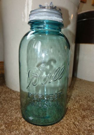 Old Vintage Big Half Gallon Blue Glass Ball Mason Canning Jar Zinc Lid 10 Zink