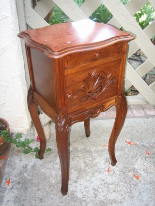 French Country Hand Carved Louie Xv Solid Walnut,  Marble Top Nightstand
