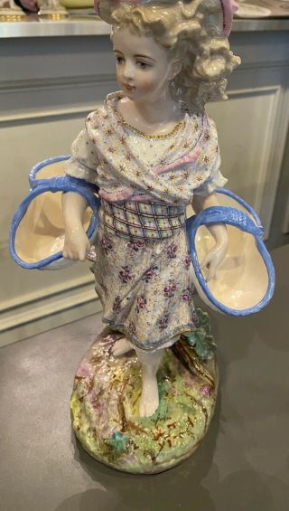 19th C Antique Meissen Porcelain Large Hand Painted Figure Girl Holding Baskets