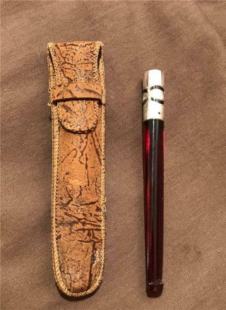 Art Deco Streling & Cherry Amber 4 " Cigarette Holder In Leather Case