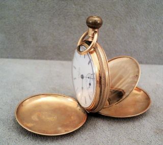 Antique Elgin 14k Gold Pocket Watch Full Hunter Nouveau Case 6s Porcelain Dial