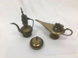 Two Vintage Antique Brass Table Lighters & Pocket Travel Ashtray