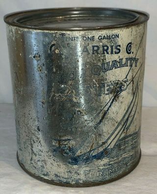 ANTIQUE A.  C.  HARRIS OYSTERS TIN LITHO 1GAL CAN CHESTER MD SAILBOAT SEAFOOD FISH 4