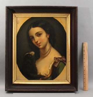 19thc Antique Portrait Oil Painting,  Woman W/ Pearls & King Charles Cavalier Dog