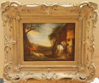 18th Century Flemish Old Master Peasant & Horse By Tavern Antique Oil Painting
