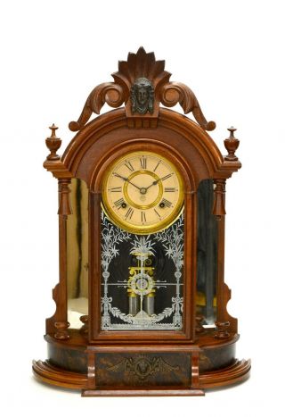1880 Antique American Ansonia Triumph Walnut Mirror Side Mantel Clock