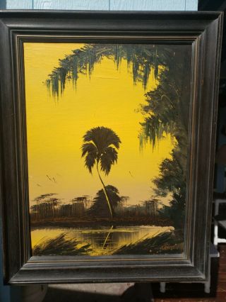 James Gibson Florida Highwaymen Yellow Palm Tree Oil Painting Upson Bd.  Vintage