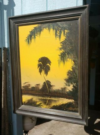James Gibson Florida Highwaymen Yellow Palm Tree Oil Painting Upson Bd.  Vintage 2