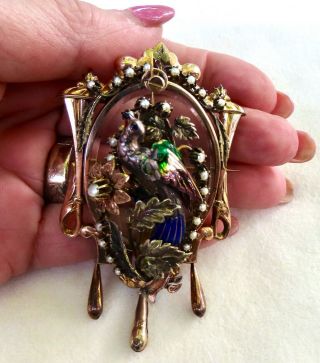 Antique Victorian Huge Enameled Seed Pearl Locket Gold & Silver Masterpiece