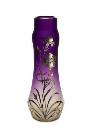 American Silver Overlay Amethyst Purple To Clear Art Nouveau Glass Vase,  C1910