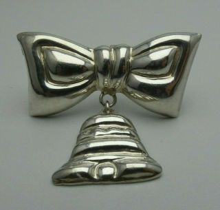 Vintage Sterling Silver Christmas Holiday Bell Ribbon Bow Pendant Brooch Pin