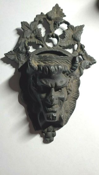Antique/vintage Devil Horned Faced Figural Cast Iron Wall Match Safe