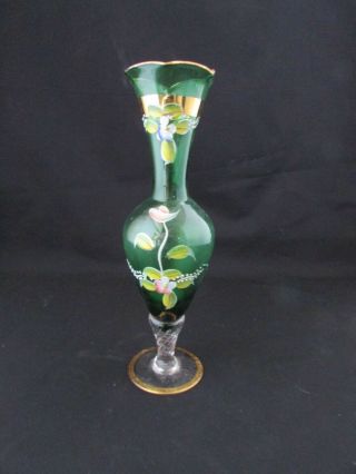 Vintage Bohemian Green Glass Painted Enamel Bud Vase 8 " Tall Item