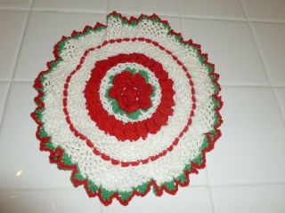 Vintage Handmade Crochet Christmas Red Green White Round Doily 2