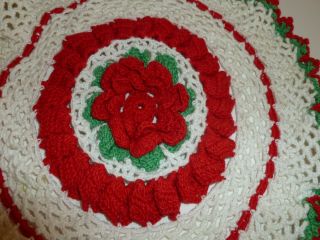 Vintage Handmade Crochet Christmas Red Green White Round Doily 3