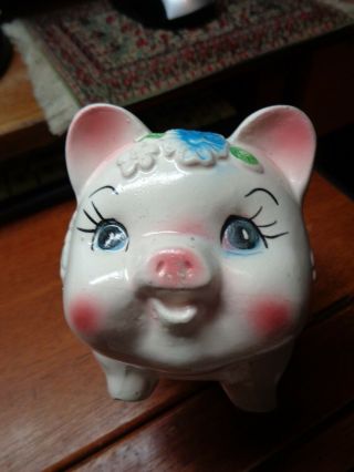 Vintage Ceramic Pig White Pink Blue Flowers Hand Painted Coin Piggy Bank