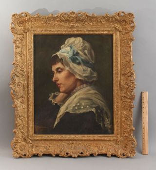 Large 19thc Antique Signed Hollyer Portrait Oil Painting,  Woman W/ Bonnet Nr