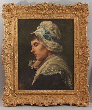 Large 19thC Antique Signed Hollyer Portrait Oil Painting,  Woman w/ Bonnet NR 2