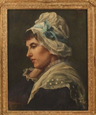 Large 19thC Antique Signed Hollyer Portrait Oil Painting,  Woman w/ Bonnet NR 3