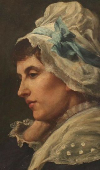Large 19thC Antique Signed Hollyer Portrait Oil Painting,  Woman w/ Bonnet NR 4