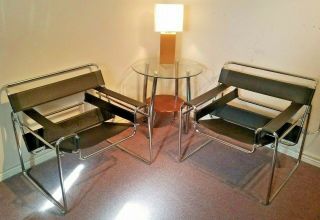 Set Of 2 - Vintage Marcel Breuer Wassily Style Chrome Black Leather Chairs Mcm