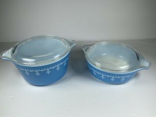 Vtg Snowflake Garland Blue Pyrex Set 471 473 With Glass Lids