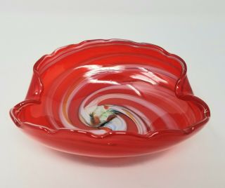 Vtg Murano Italian Blown Art Glass Bowl Ash Tray Ruby Red Swirl Scalloped Rim