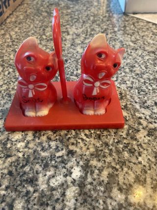 Vintage / Retro Hard Plastic Red Cat Salt And Pepper Shakers With Holder.