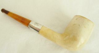 Antique Meerschaum Pipe With Silver Collar & Amber Stem Deep Bowl