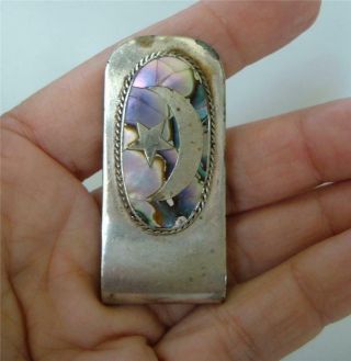 Vintage Mexican Alpaca Silver Abalone Inlay Money Clip Moon And Star Celestial