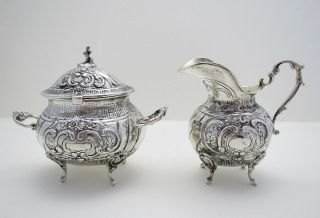 Antique Swedish 1910 Solid Silver Rococo Tea Caddy Cream Milk Jug Sugar Bowl Box