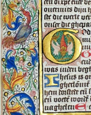 Illuminated Medieval Boh Lf.  In Dutch With Deco Initial And Bird In Border,  C.  1480