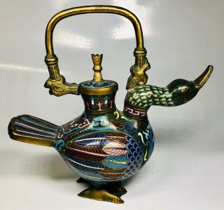 Antique 1920s Chinese Cloisonne Enamel On Bronze Duck Figural Teapot