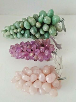Set Of 3 Vintage Agate Grape Clusters Semi Precious Green,  Pink,  Purple - Leaf 3