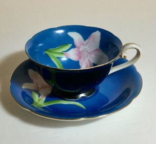 Vintage Wako China Occupied Japan Orchid Blue And Black Tea Cup And Saucer Set