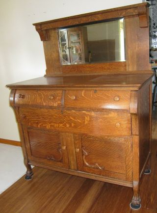 1800s Victorian Buffet Sideboard Quarter Sawn Oak Claw Foot Bevel Mirror S Ohio