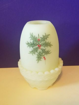 Vintage Fenton X - Mas Art Glass Fairy Light Candle Holder W/ Holly Signed Jan C.