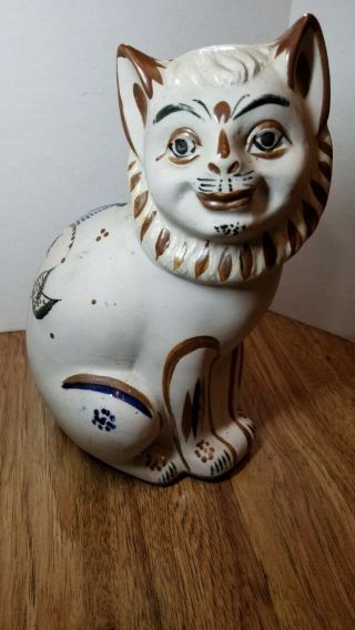 Vintage Large Tonala Mexican Sandstone Folk Art Hand Painted Pottery Cat Signed