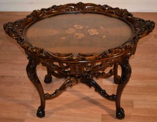 1910s Antique French Carved Walnut Floral Inlay Coffee Table With Glass Tray