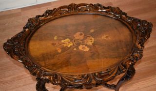 1910s Antique French carved Walnut floral inlay Coffee table with Glass Tray 2