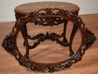1910s Antique French carved Walnut floral inlay Coffee table with Glass Tray 5