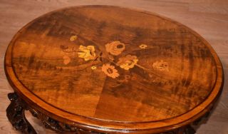 1910s Antique French carved Walnut floral inlay Coffee table with Glass Tray 6
