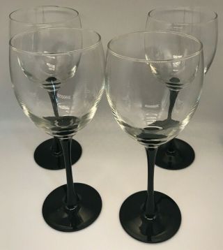 Vintage Luminarc France Black Stem Wine Glasses Arcoroc 8 1/8 Set Of Four Domino