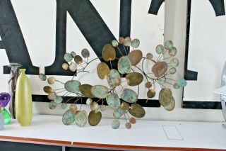 BIG Jere Vtg Mid Century Modern Brass Lily Pad Metal Wall Sculpture Raindrops 4