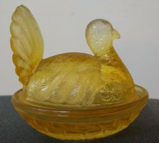 Vintage Amber Glass Turkey On Nest Covered Candy Dish Small Barnyard Farm
